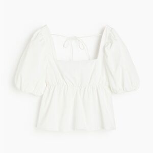 H&M Tie Detail Puff-Sleeved Peplum Blouse. White. Size: Large.